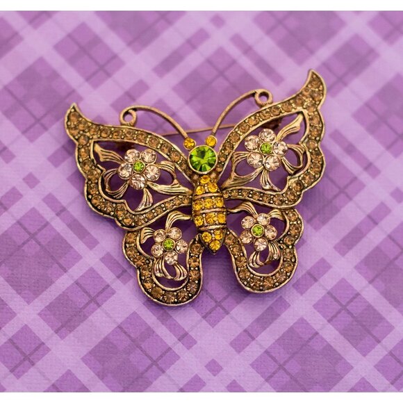 Vintage Art Nouveau Green Rhinestone Intricate Butterfly Brooch - V3 - Picture 1 of 2